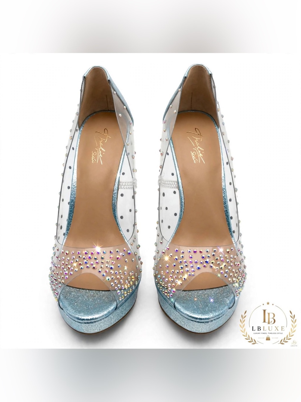 Thalia Blue Vinyl Peep Toe Pumps w/ Rhinestones